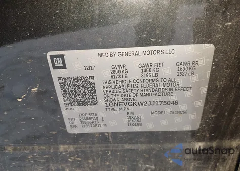 2018 Chevrolet Traverse 1Lt z USA, uszkodzony, nr VIN 1GNEVGKW2JJ175046